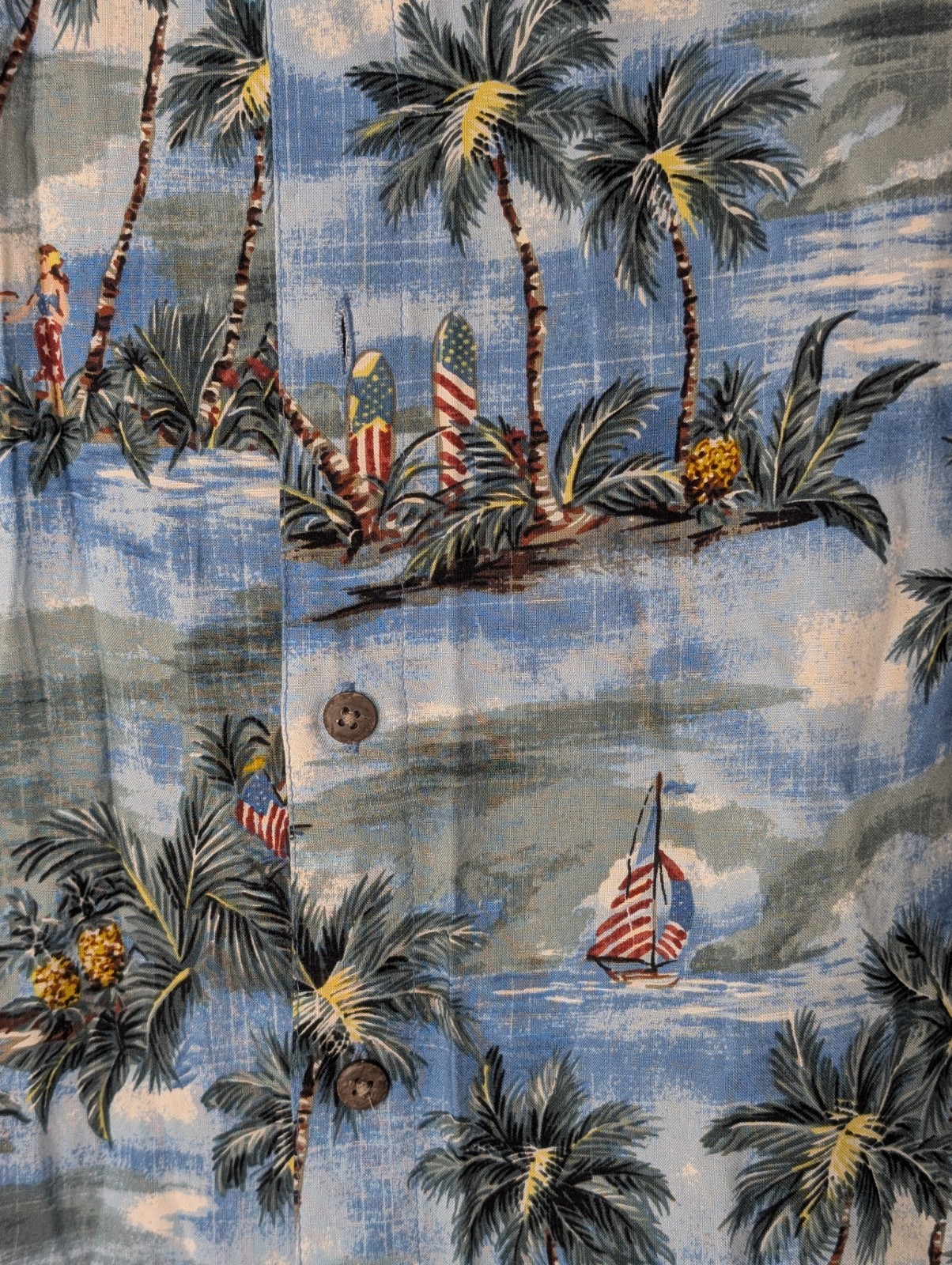 Batik Bay Men’s Hawaiian Shirt Large Blue Tropical Palm Rayon Aloha Patriotic
