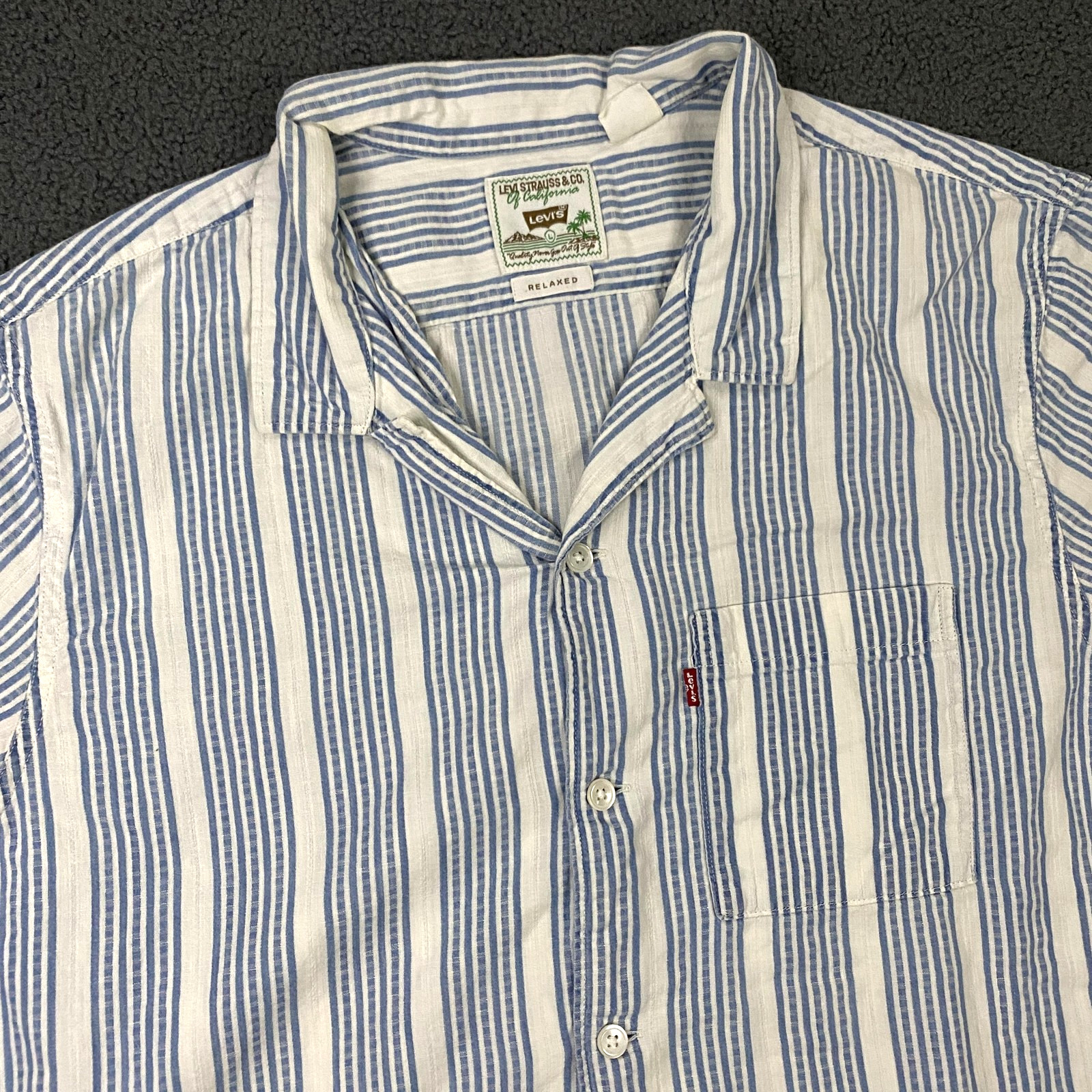 Levi’s Shirt Mens Large Blue White Stripe Relaxed Camp Collar Straight Hem Boxy