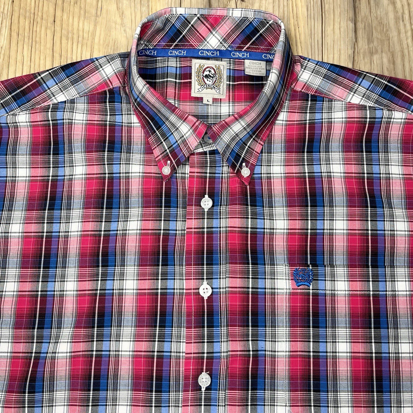 Cinch Shirt Men’s Large Red, Blue, White & Black Plaid Button Down 100% Cotton