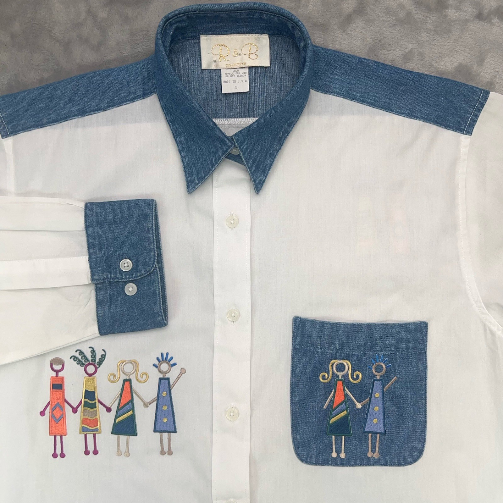 Vintage R & B COLLECTIONS Shirt Womens Small White Denim Collar Stick People USA