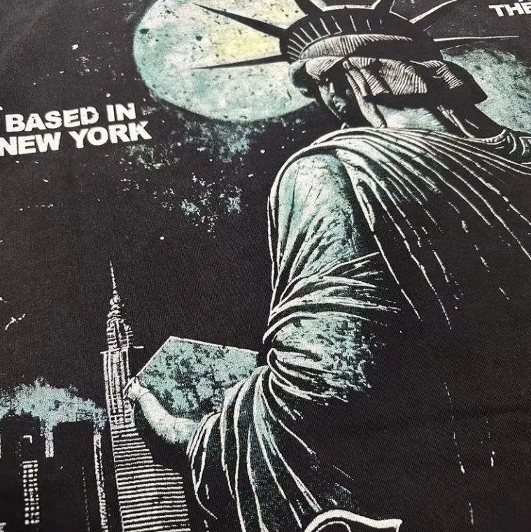NEW Godspeed Statue of Liberty Print Short sleeve Mens Washed black T-shirt