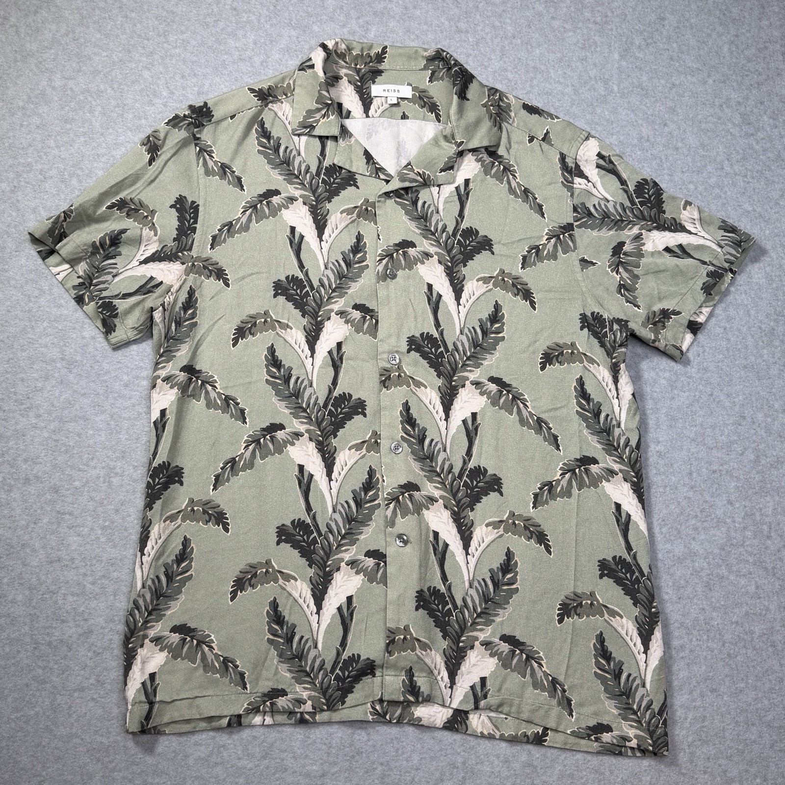 REISS Cuban Collar Camp Shirt Mexicali Men’s Large Green Leaf Print Soft Beach