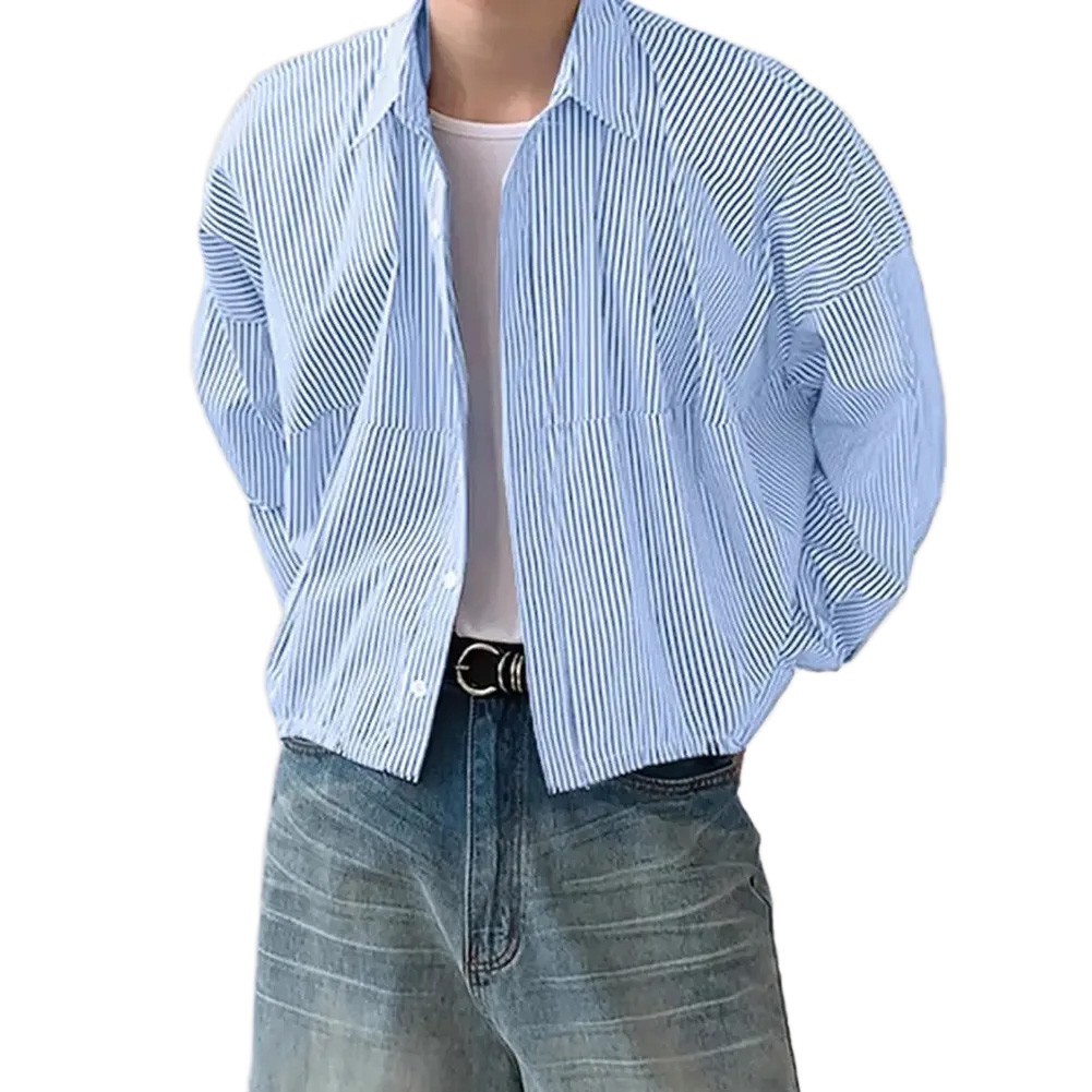 Men Stripe Lapel Long Sleeve Shirt Korean Streetwear Loose Fit Regular