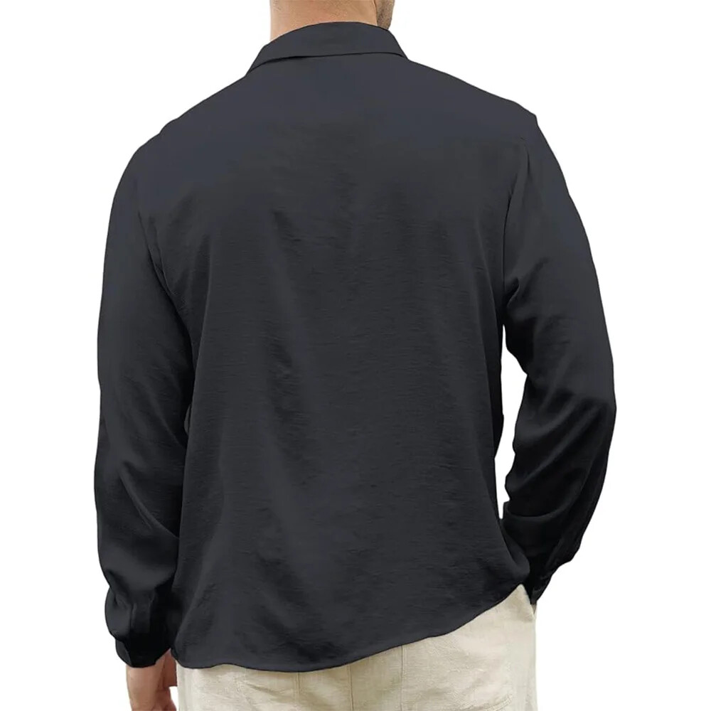 Shirt Button-Down Cotton Linen Men’s Long Sleeve Casual Hawaiian Beach Plain NEW