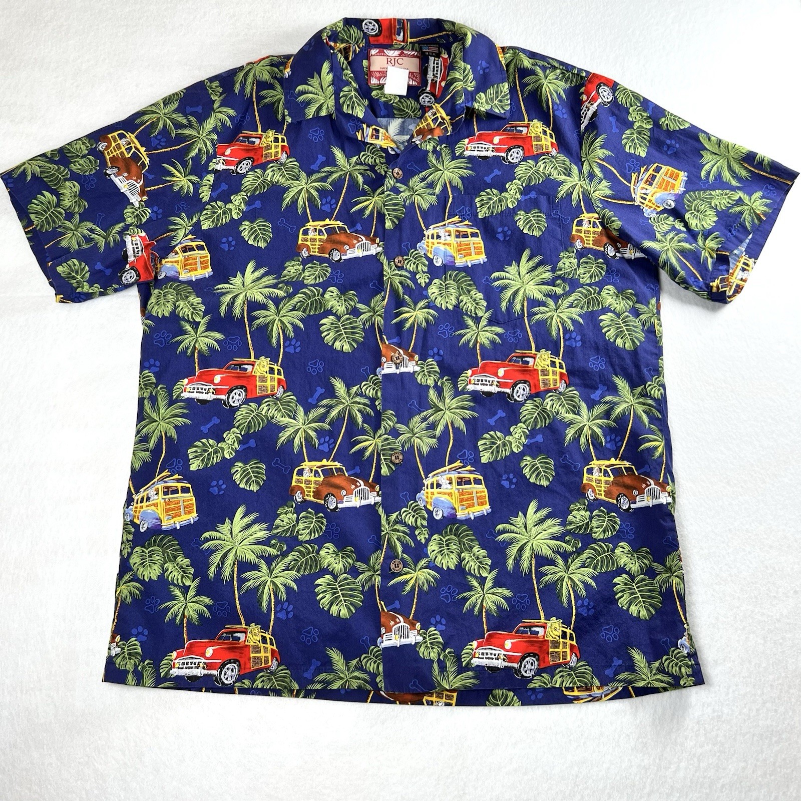 RJC Many More Woodies Mens Hawaiian Shirt Navy Blue Cars Dogs Large Made in USA