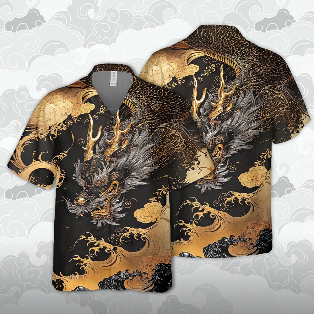 Men’s Golden Dragon Hawaiian Shirt Japanese Ukiyo-e Style Oriental Graphic Tee