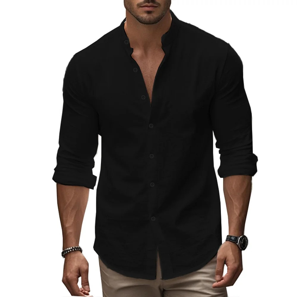 Men’s Henry Shirts Cotton Linen Slim Fit Causal Hawaiian Solid Color Basic Style