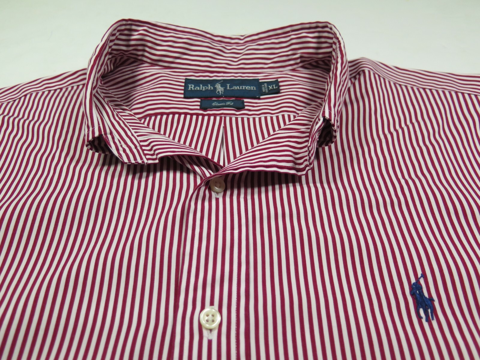 Ralph Lauren Men Pure Cotton Dark Red Striped Blue Polo Pony Casual Shirt XL EUC