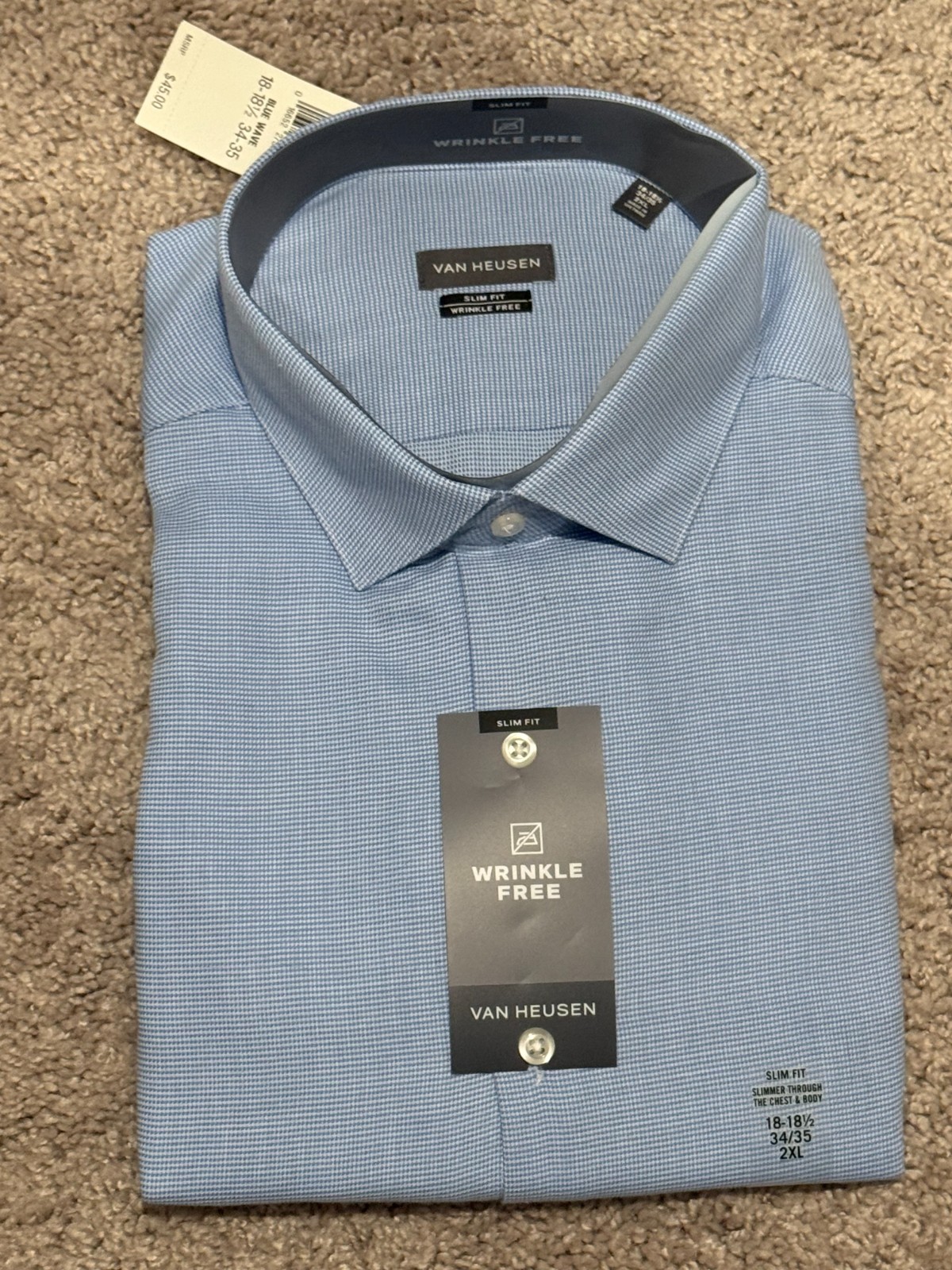 NWT Men Van Heusen Slim Fit Blue Button Down Shirt Size 2xl 18-18 1/2 34-35