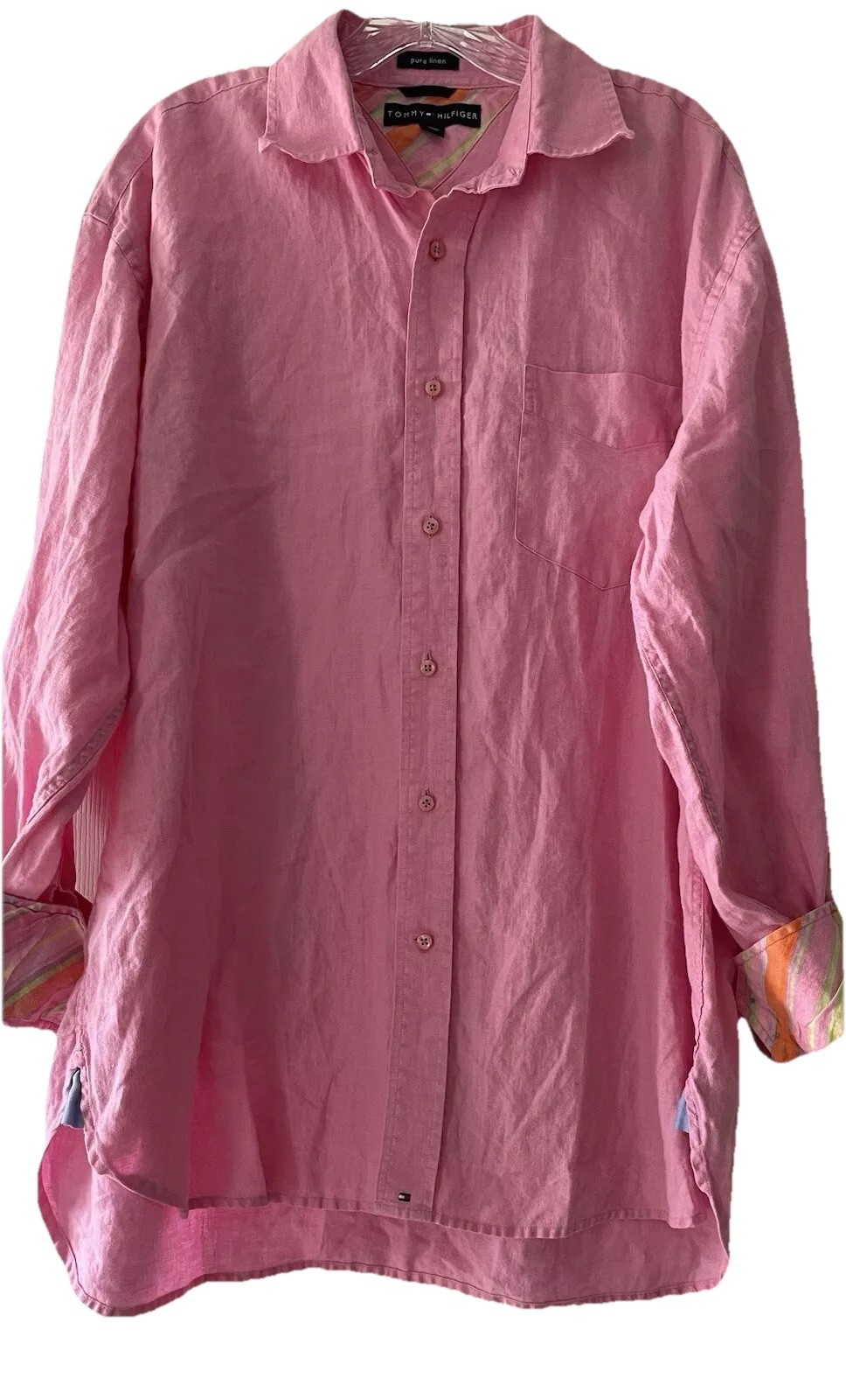 Tommy Hilfiger Mens Large Pink Button Up Flip Cuff Pure Linen Shirt Logo Preppy