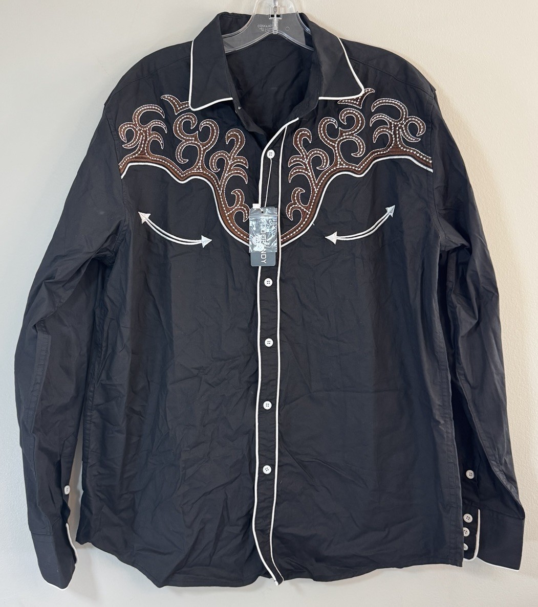 Coofandy Mens Large Button Down Western Shirt Black Sleeve Embroidered Cowboy