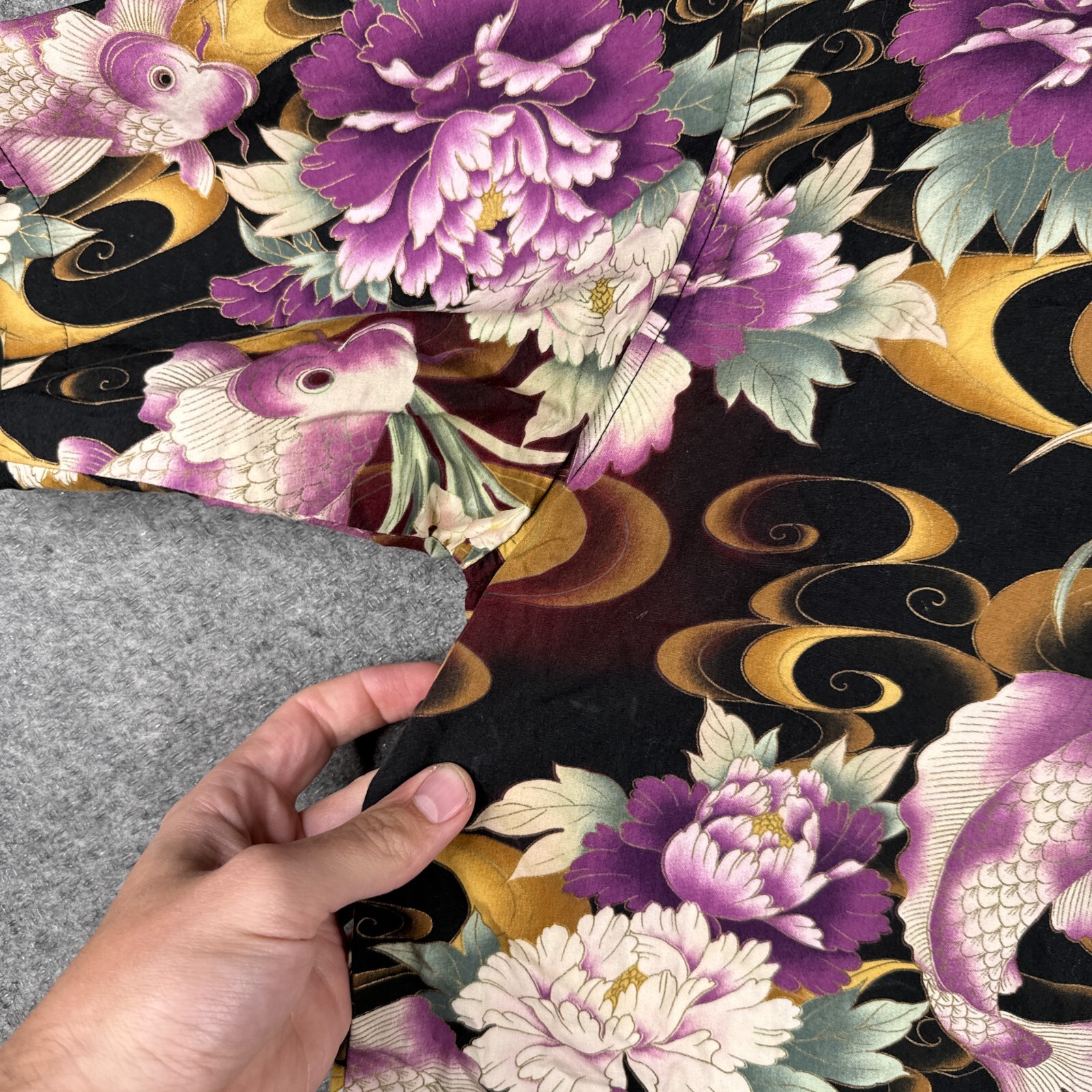 Vintage Japanese Shirt Mens XL All Over Print AOP Button Up Koi Fish Peony