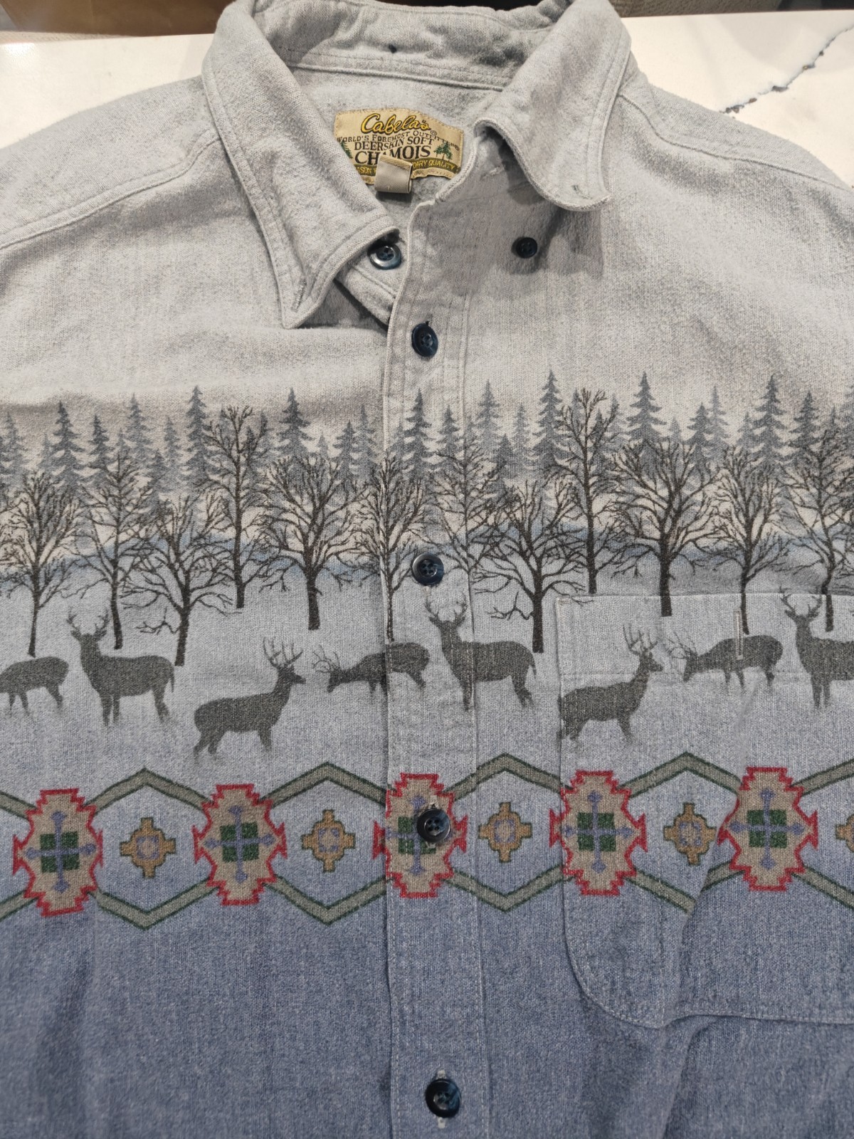 Cabela’s Deerskin Soft Chamois Shirt Mens L Long Sleeve Flannel Aztec Print Blue
