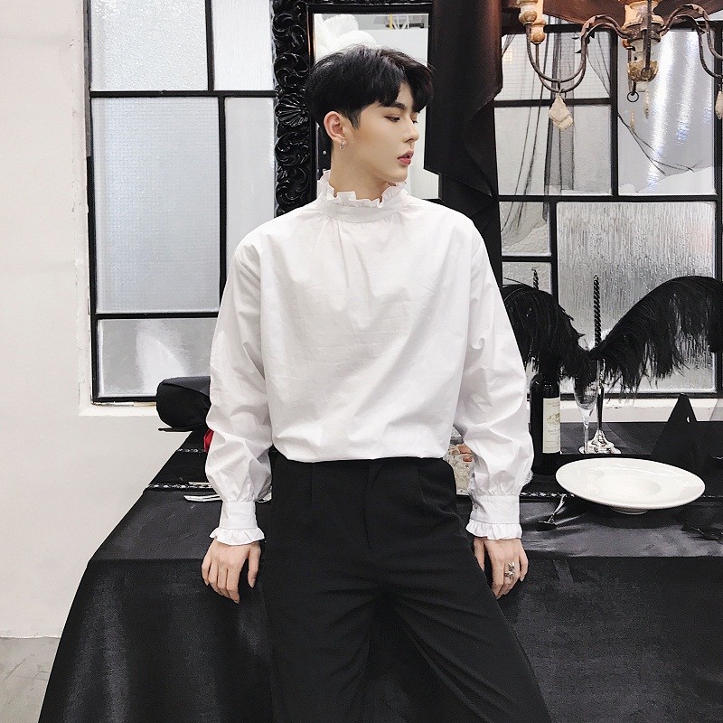Men Gothic Cotton Shirt Top Pullover Victorian Ruffle Punk Retro Dance Wedding