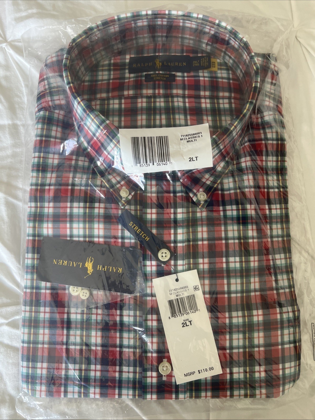 NWT Ralph Lauren 2LT Big & Tall Stretch Button Down Shirt Red Green Plaid
