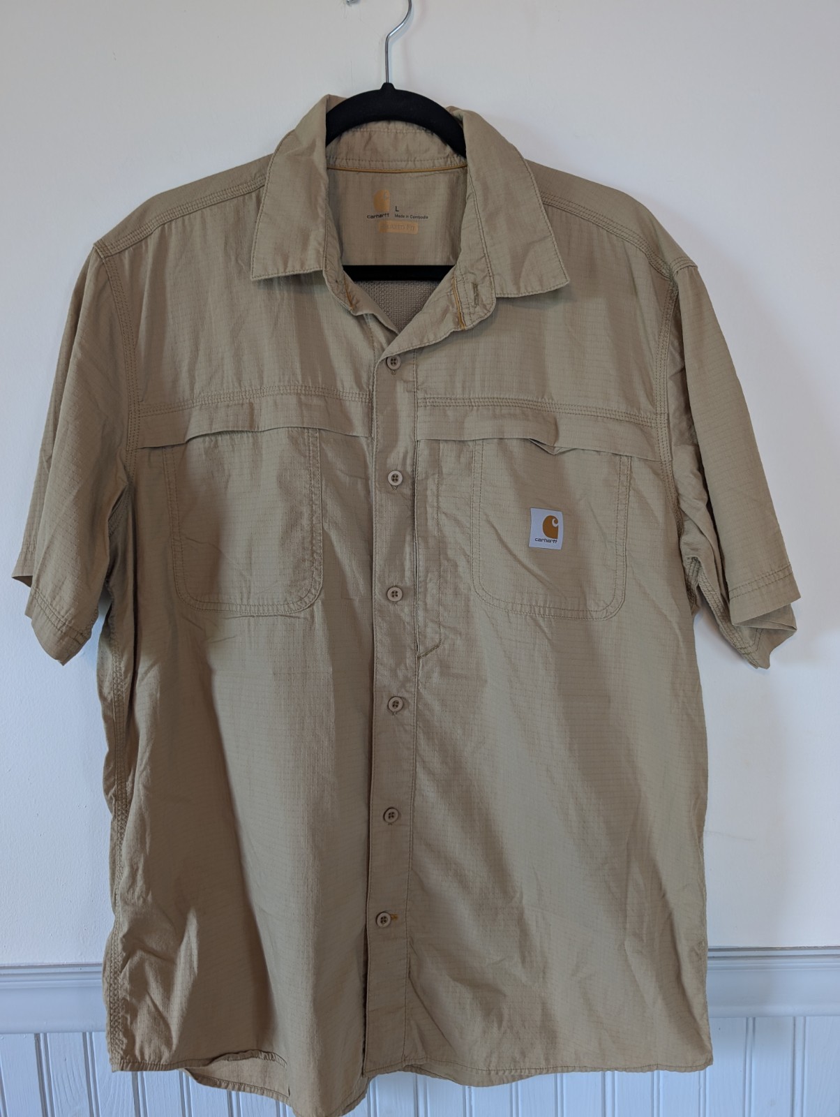 Carhartt Force Ridgefield Shirt Men Large Khaki Vented Ripstop Hiking Fishing
