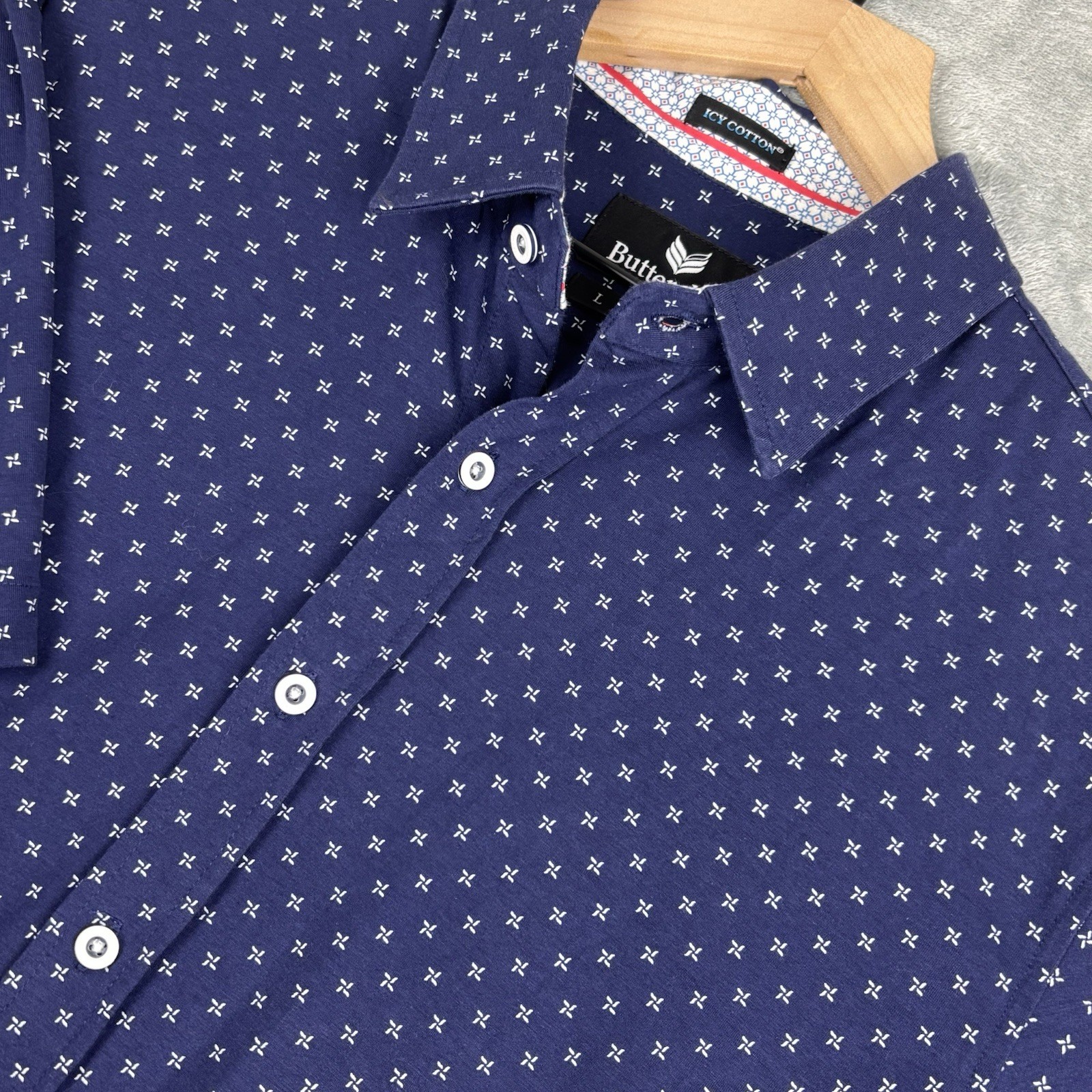 Buttercloth Icy Cotton Shirt Mens Large Blue Geometric Button Up Stretch Preppy