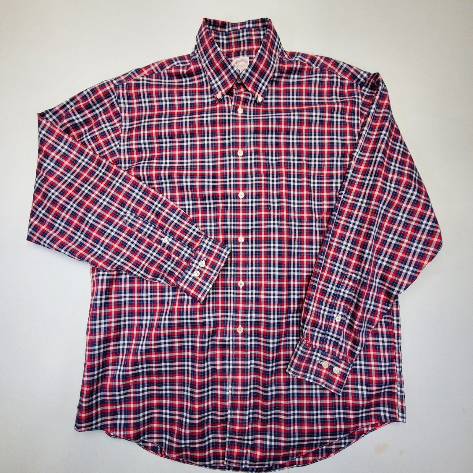 Brooks Brothers Madison Button Up Dress Shirt Mens L Large None iron Red Blue Pl