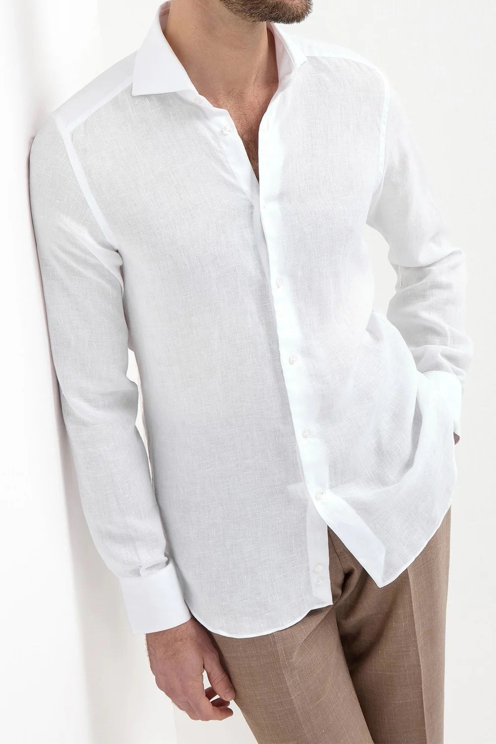 Moreschi Men’s Long Sleeve White Shirt 100% Linen Made in Italy Size 17.5/EU 44