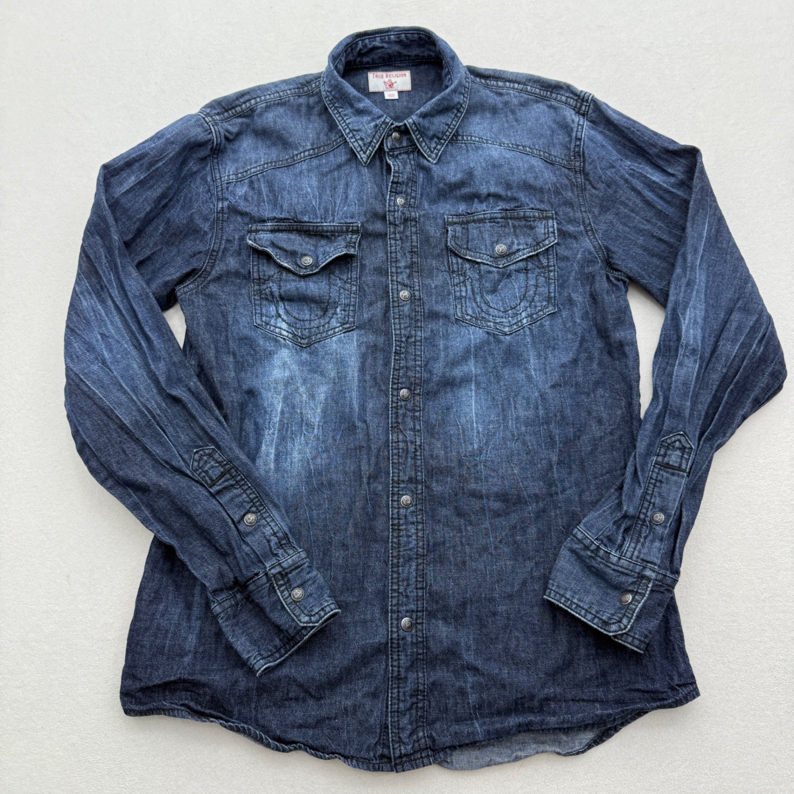 True Religion Mens M Medium Blue Wash Denim Shirt Long Sleeve Pearl Snap Western