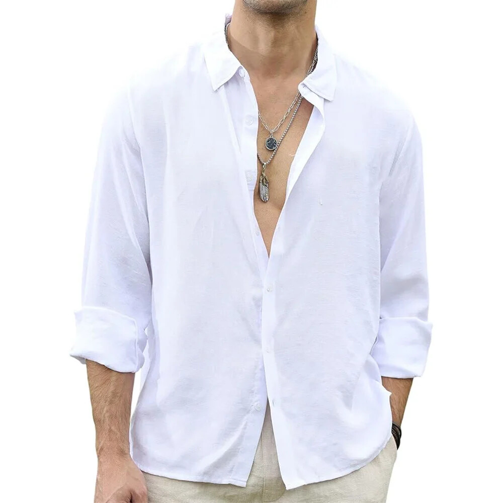 Shirt Button-Down Cotton Linen Men’s Long Sleeve Casual Hawaiian Beach Plain NEW