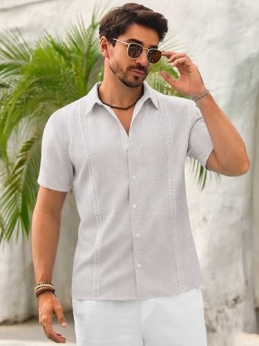 Mens Linen Guayabera Shirts Short Sleeve Cuban Casual Summer Button Down Shirt