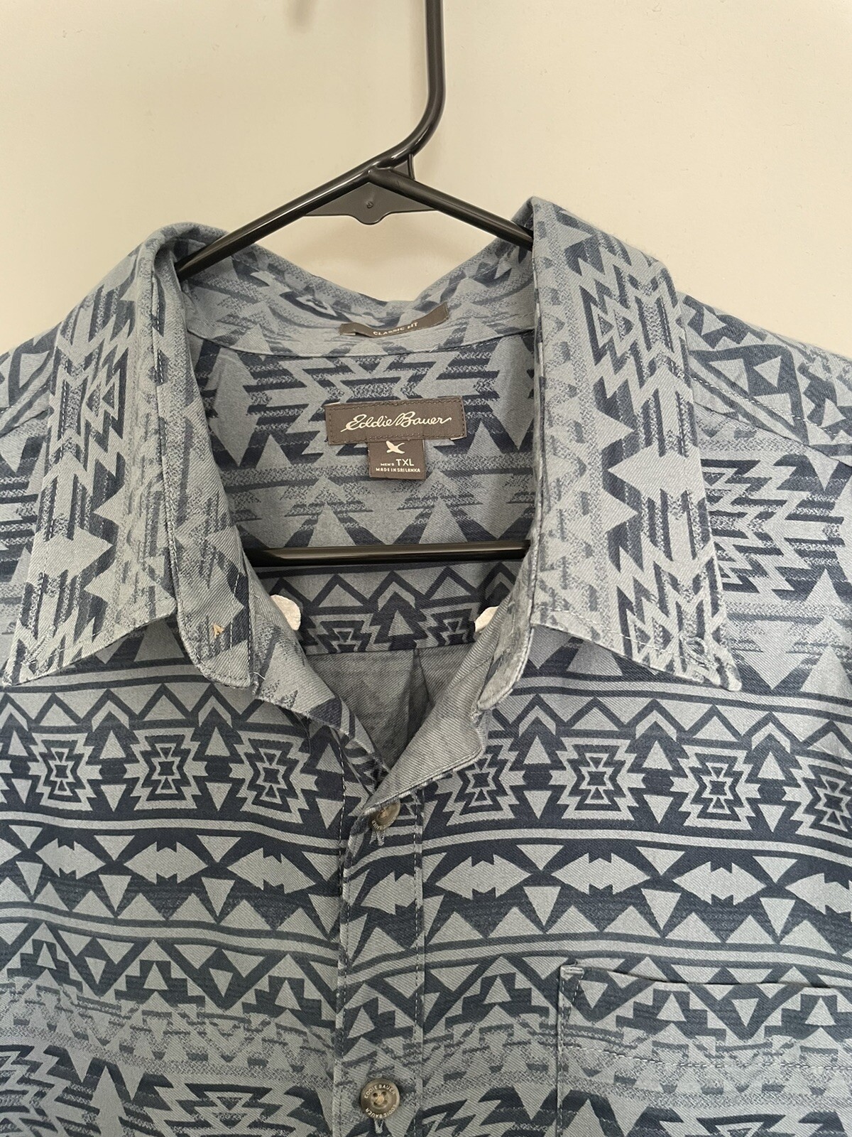 Eddie Bauer Button Down Tall Shirt Aztec Mens TXL Classic Fit Blue Outdoor