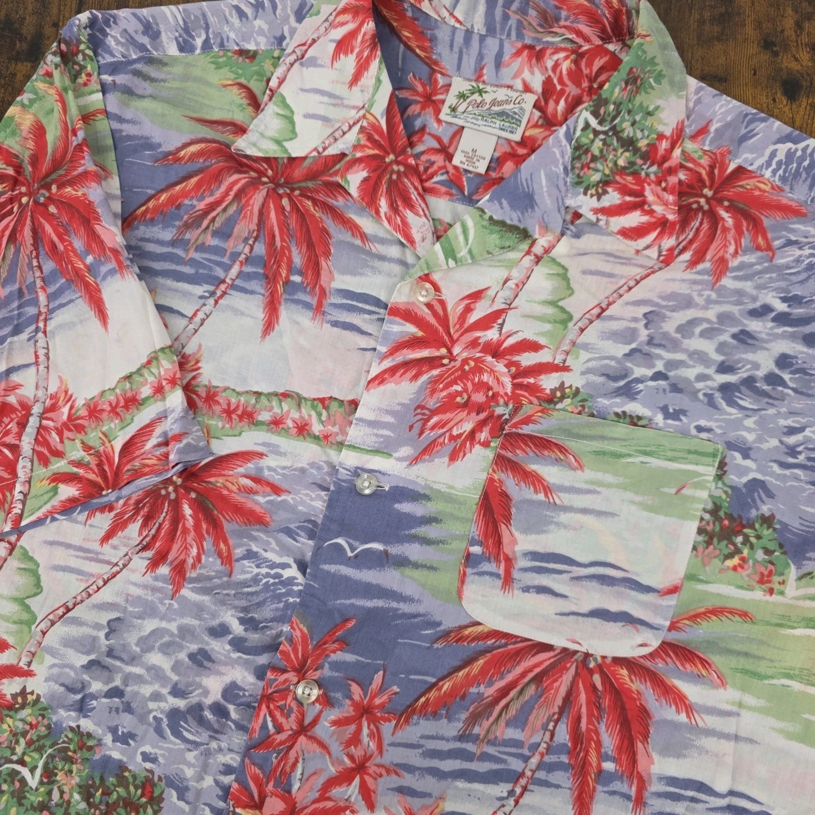 VTG Polo Jeans Co Ralph Lauren Hawaiian Camp Shirt Palm Floral Ocean Birds Sz M