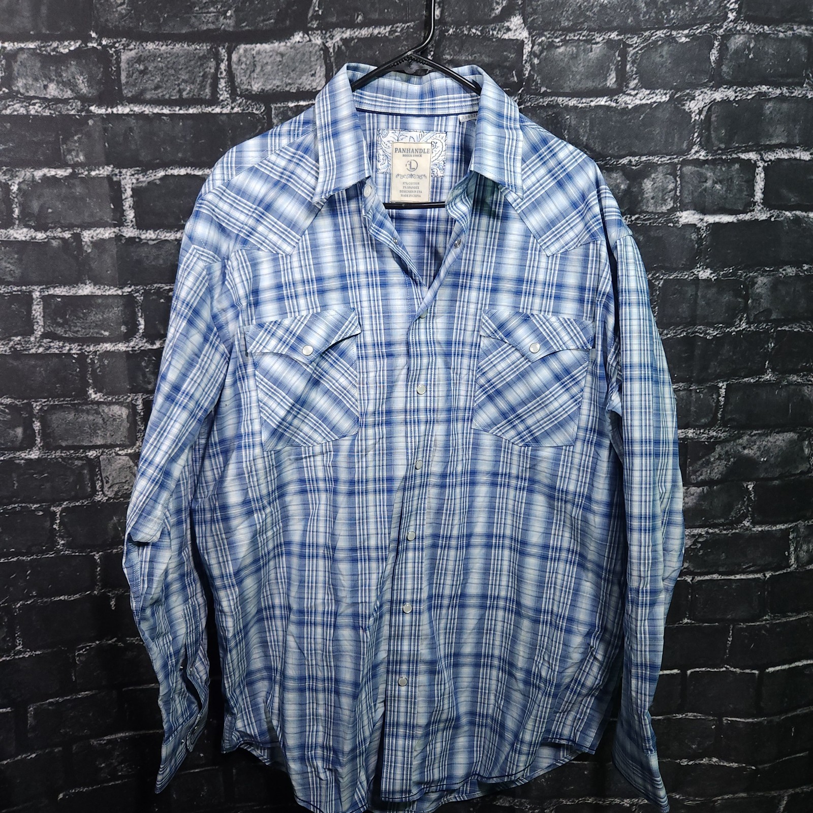 Panhandle Rough Stock Mens L/XL Tall Blue Plaid Pearl Snap Button Western Shirt