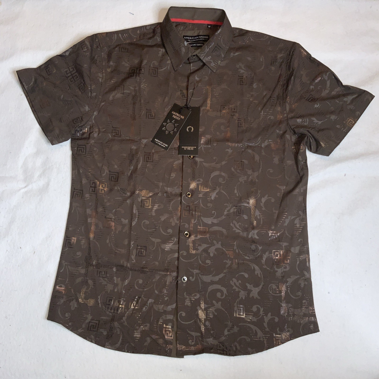 American Breed Men’s Brown Geometric Modal Short Sleeve Smart Shirt Size Medium