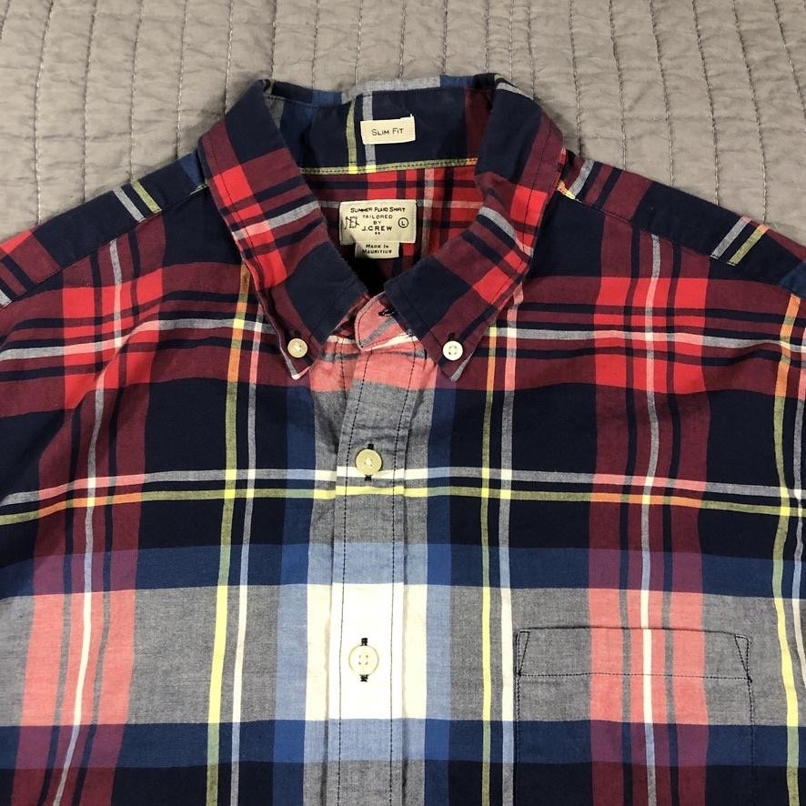 J Crew Shirt Mens Large Red Blue Slim Fit Summer Plaid Button Down Casual Cotton