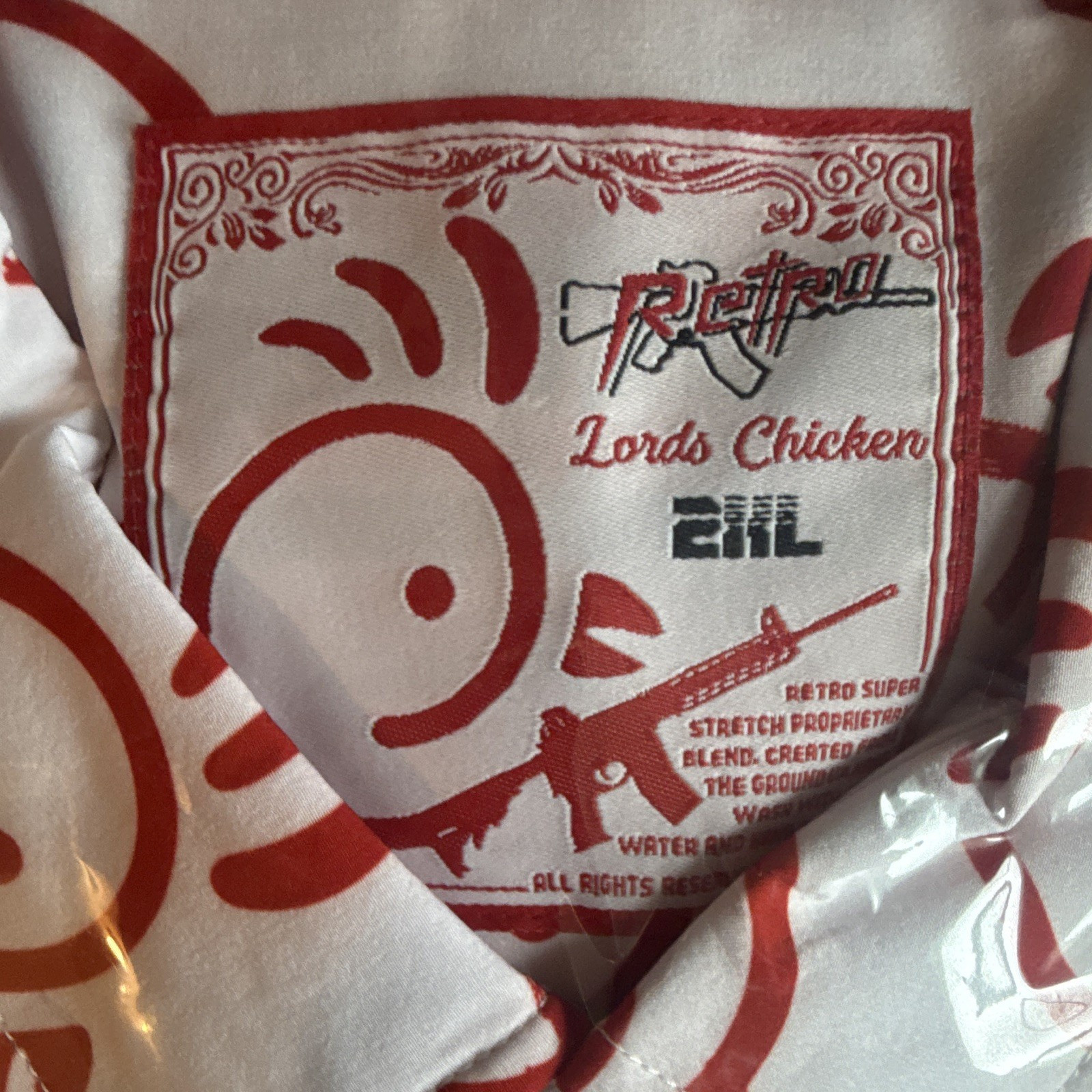 Retro Rifle Lords Chicken White Red Graphic Print Stretch Button-Up Shirt 2XL