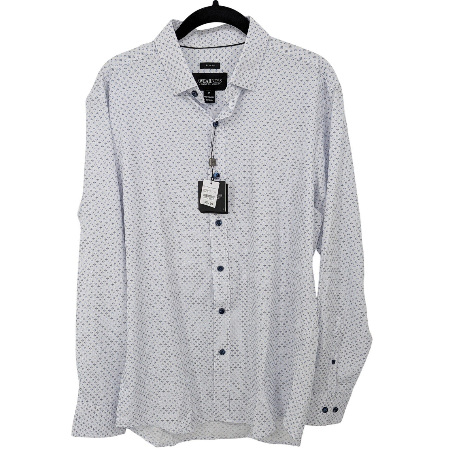 Kenneth Cole Awearness Shirt Mens Medium White Blue Geometric Slim Fit Stretch