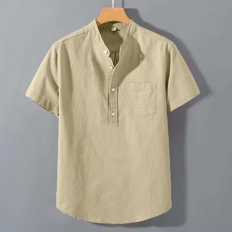 Men’s Cotton Stand Collar Summer T-Shirt Casual Breathable Short Sleeve Top