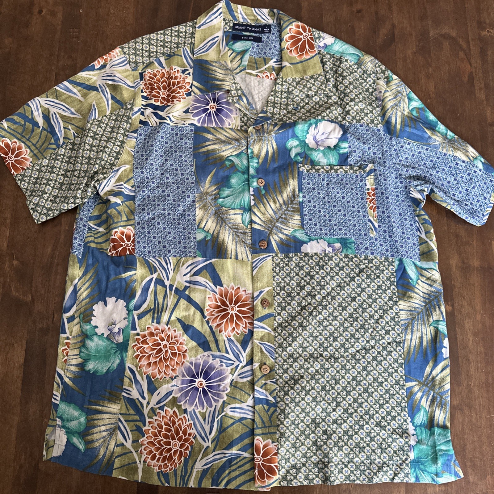 Grant Thomas Mens L Silk Shirt Hawaiian Resort Vacation Wedding Party Tropical