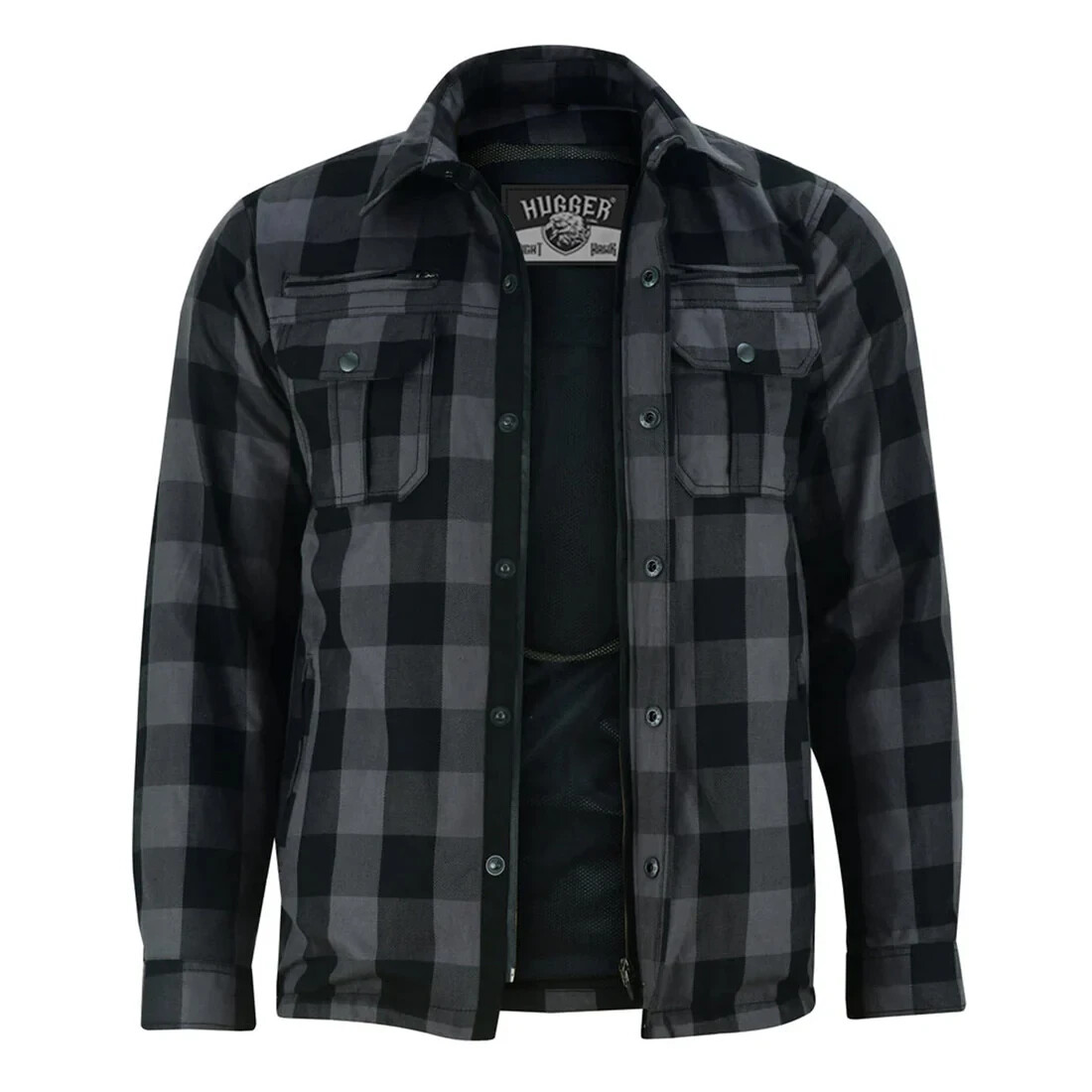Mens Plaid MotorBike Flannel Lumberjack Button Down Shirt with Armour Pads Grey