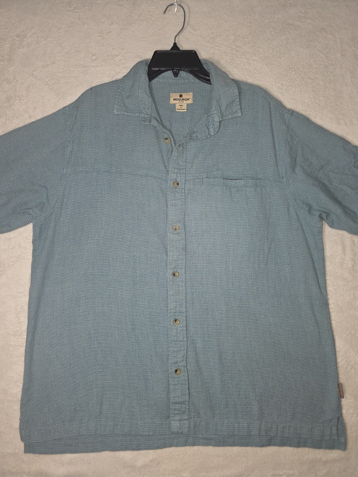 Woolrich L Button Up SeerSucker-Like Cotton Shirt Cool Dad BBQ Hiking Vacation