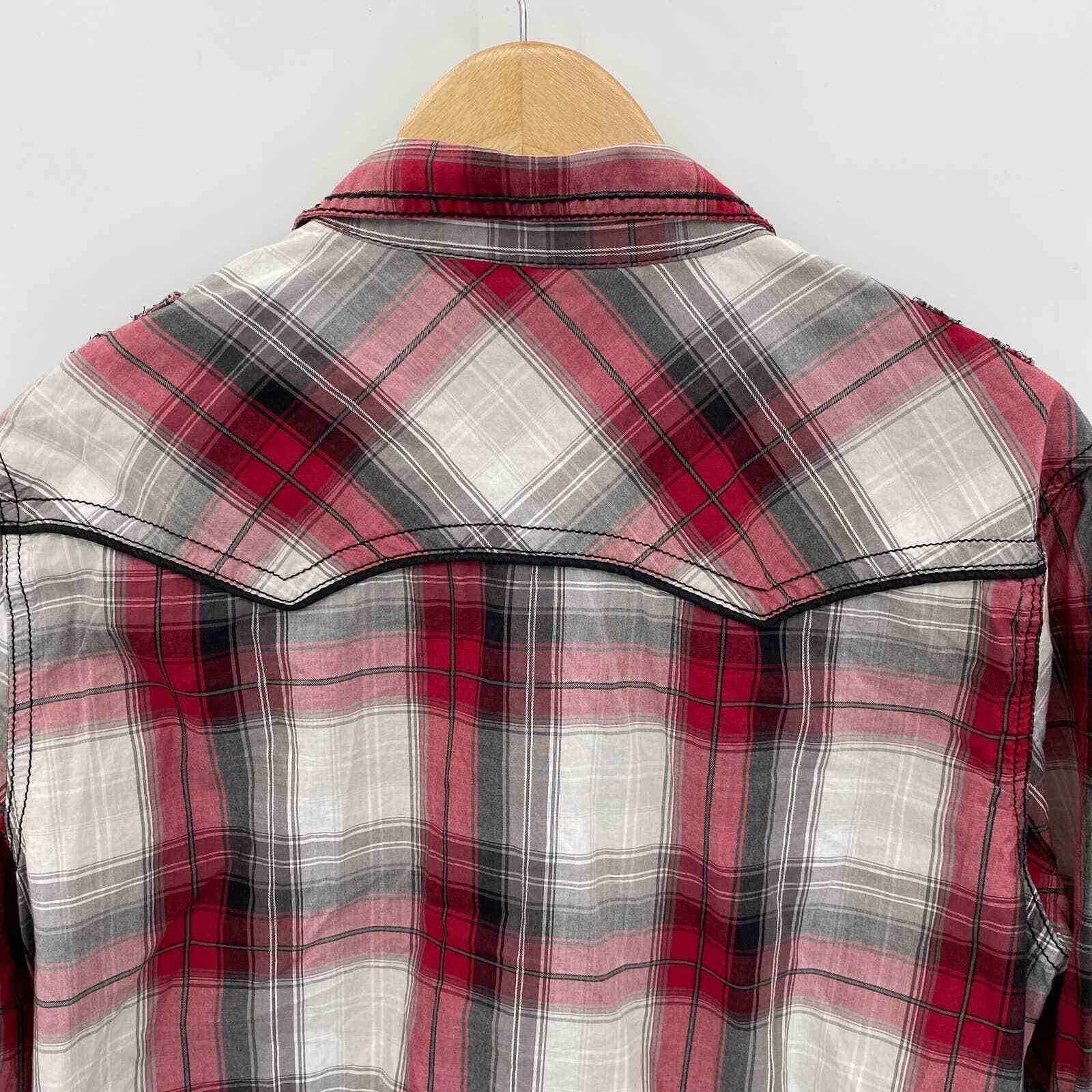 BKE Pearl Snap Front Shirt Mens Medium Red White Gray Plaid Cotton Western
