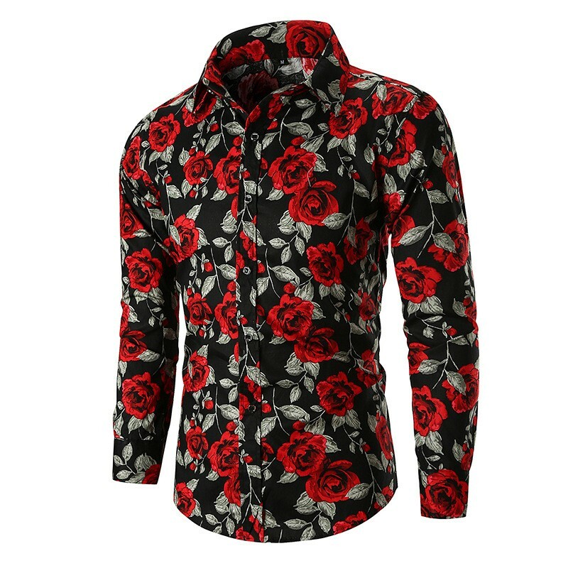 Men Flower Printed Tops Lapel Shirts Long Sleeve Beach Holiday Slim Fitted Chic