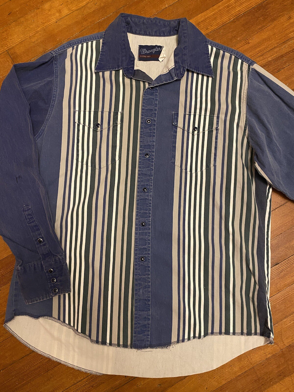 Vintage Wrangler Brushpopper Western Shirt Blue Denim Khaki Striped 17-1/2 x 36