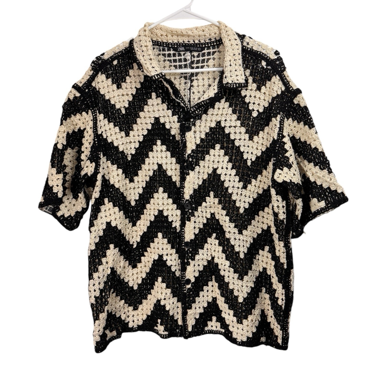 Zara Crochet Knit Button Down Shirt Retro Zig Zag Black White Mens Size XL