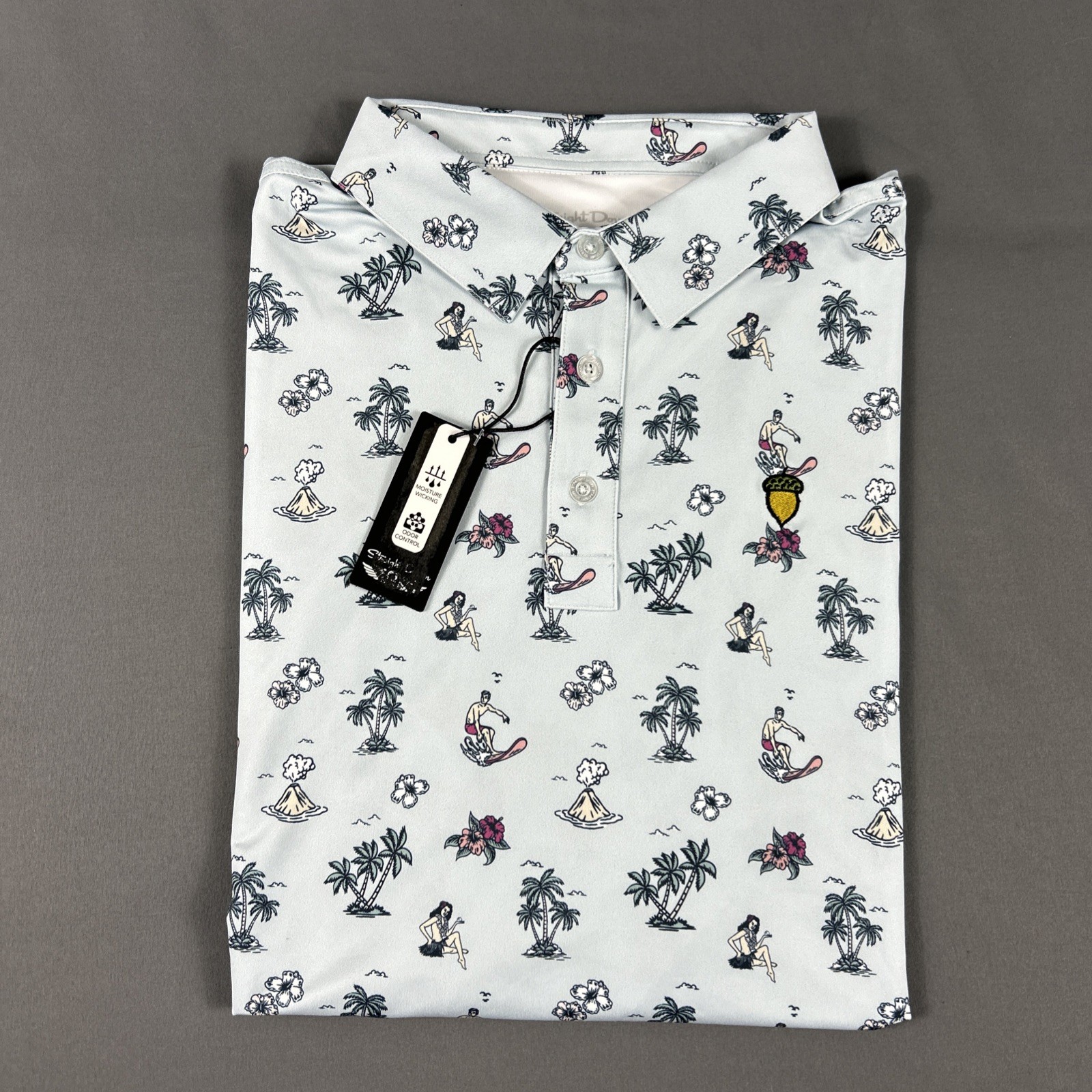 Straight Down Golf Shirt Polo Chest Sleeve Logo Hanalei Bay Print XL Blue Gray
