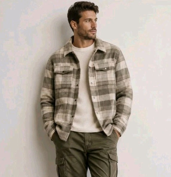 VRST Plaid Flannel Jacket Shacket Tan/Cream Wool Blend Button Up Men’s Size M