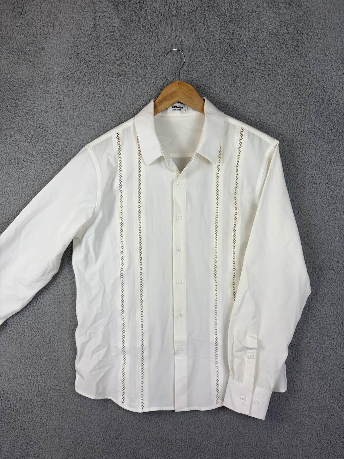 Coofandy Shirt Mens Medium White Stripe Long Sleeve Button Front Crochet Casual