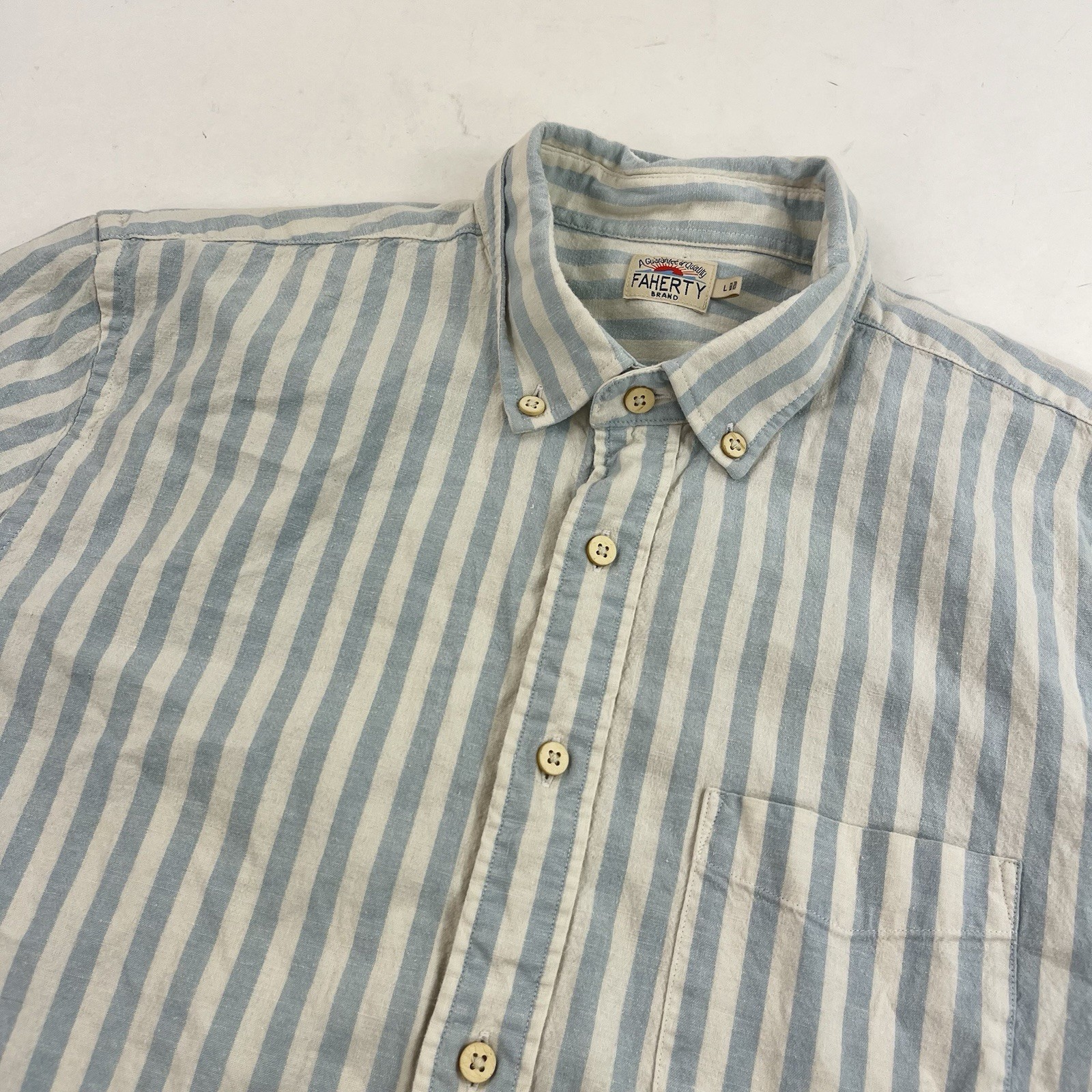 Faherty Short Sleeve Breeze Shirt Button Down Blue Stripe Size Large Hemp Blend