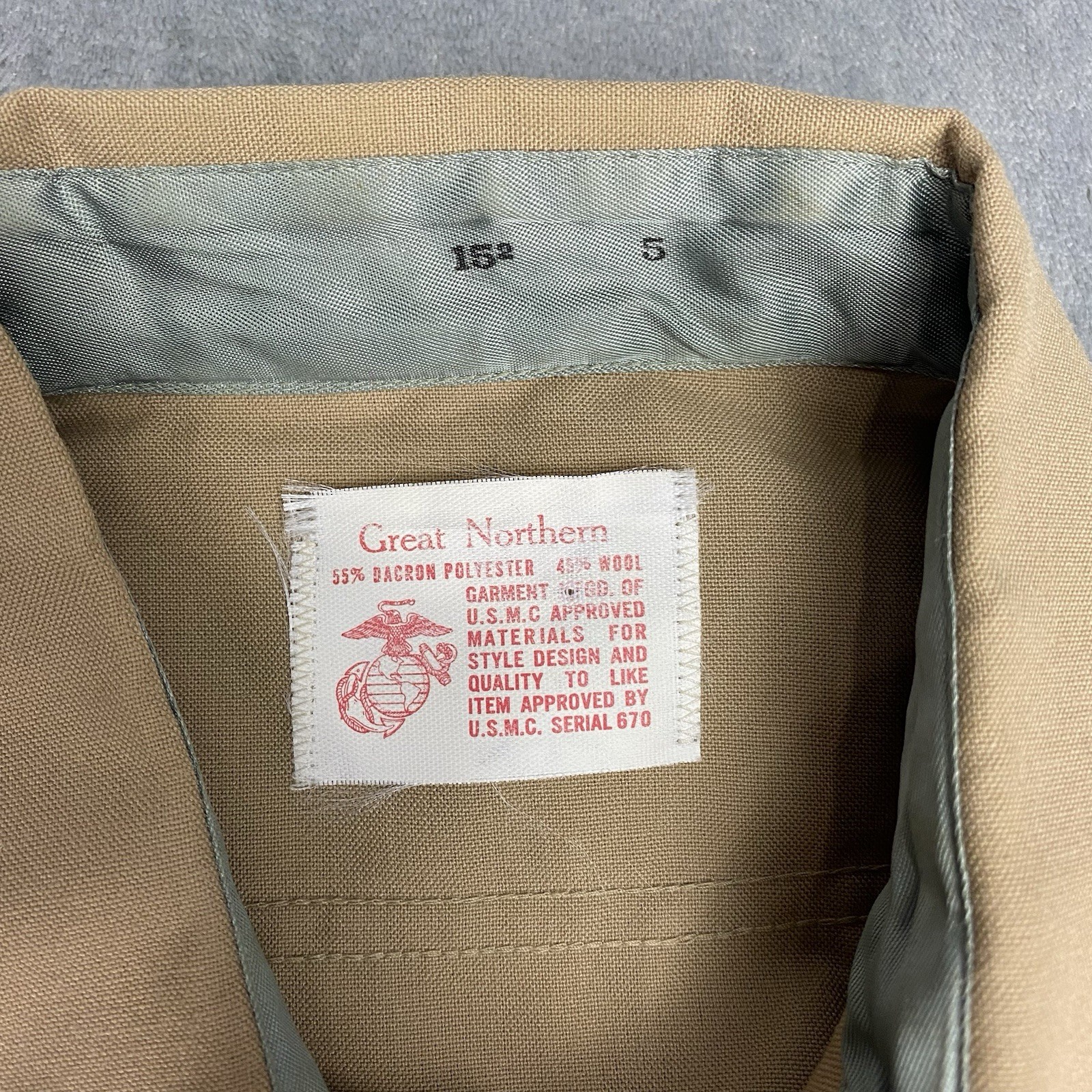 Vintage Military Shirt Mens Size L Tan 70s Wool Dacron USMC Button Up Union Made