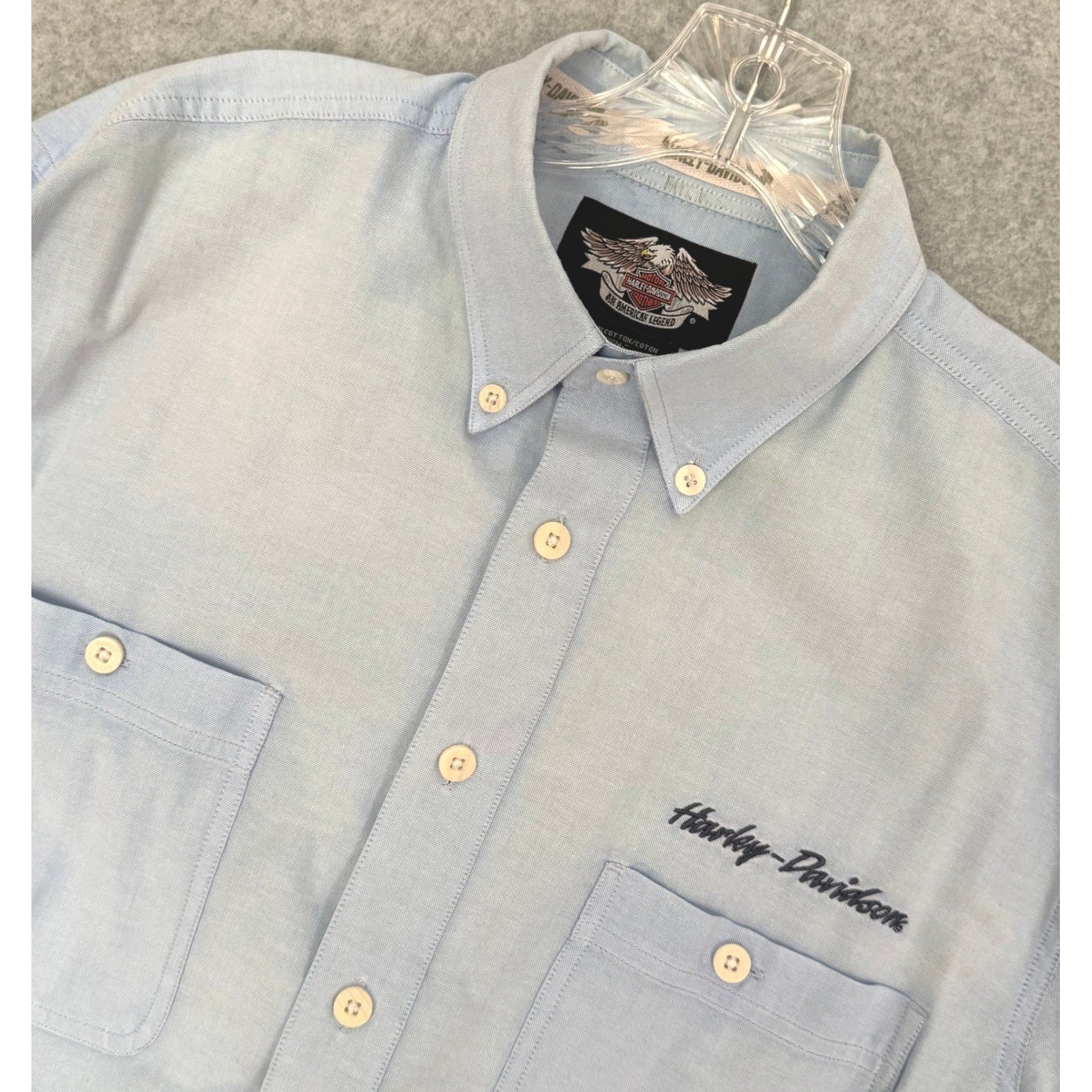 Harley-Davidson Button Down Shirt Mens L/XL Light Blue Oxford Embroidered Logo