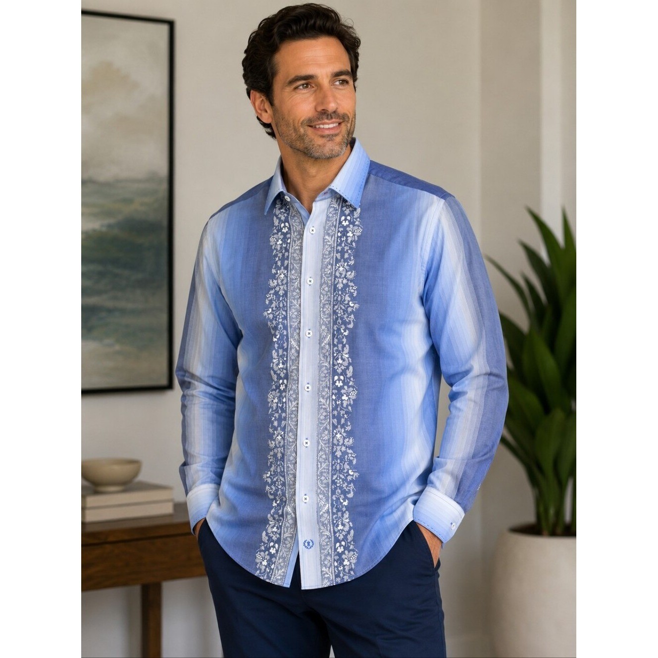 Bugatchi Uomo Mens XL Blue Ombre Striped Floral Embroidered Button Down Shirt