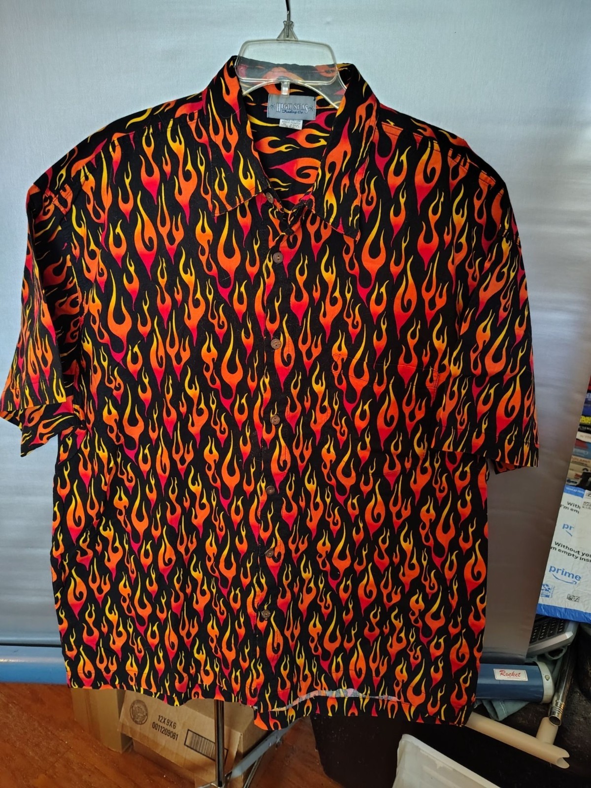 High Seas Trading Co Mens Flame Print Button-Up Shirt XXL 100% Cotton Made-USA