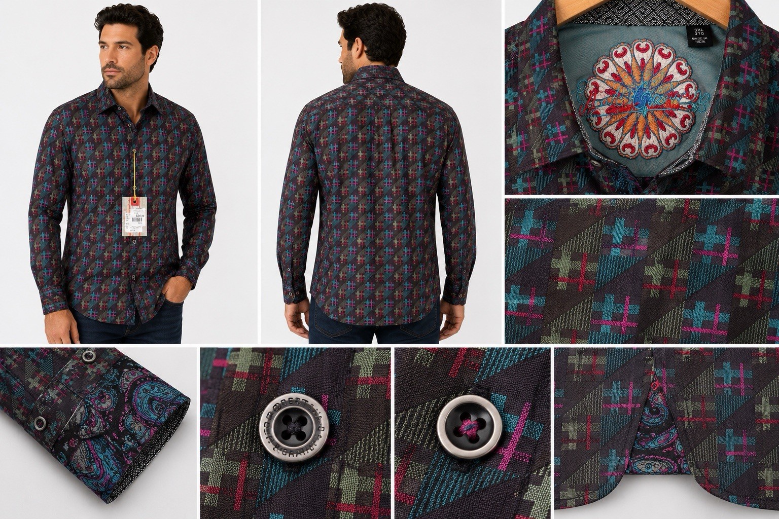 Robert Graham Shirt Men’s 3XL Multicolor Geometric Woven Cotton Embroidered LS